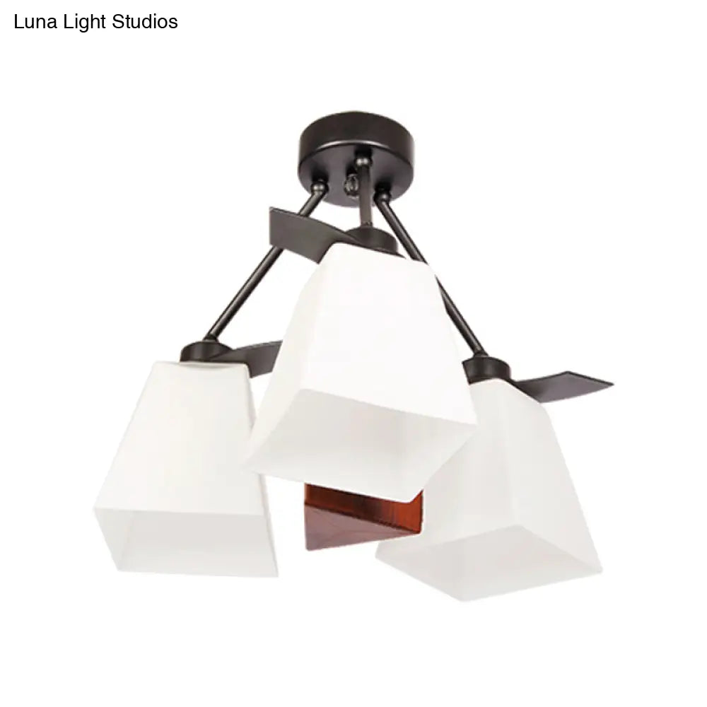 Trapezoid Semi Flush Ceiling Lamp with White Glass and Wood Cylinder Shade - 3/5 Lights