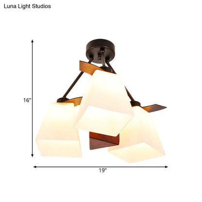 DecorBites™ DecorBites™ Trapezoid Semi Flush Ceiling Lamp with White Glass and Wood Cylinder Shade - 3/5 Lights