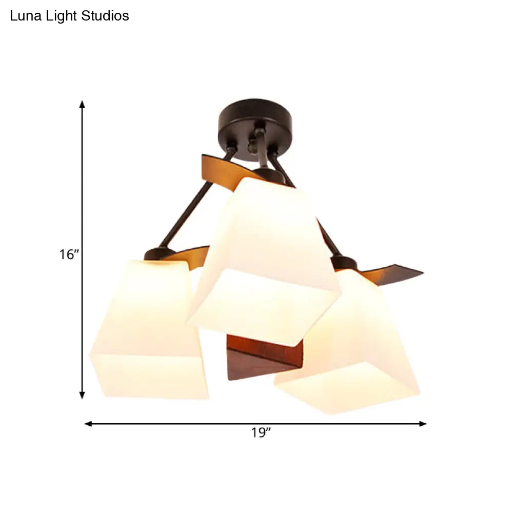 Trapezoid Semi Flush Ceiling Lamp with White Glass and Wood Cylinder Shade - 3/5 Lights