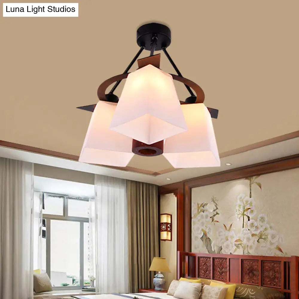Trapezoid Semi Flush Ceiling Lamp with White Glass and Wood Cylinder Shade - 3/5 Lights