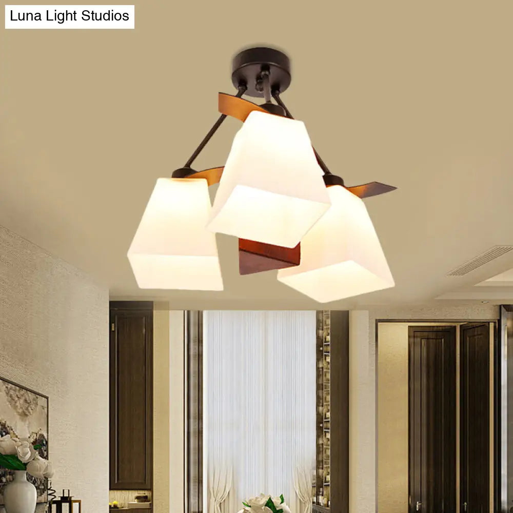 Trapezoid Semi Flush Ceiling Lamp with White Glass and Wood Cylinder Shade - 3/5 Lights