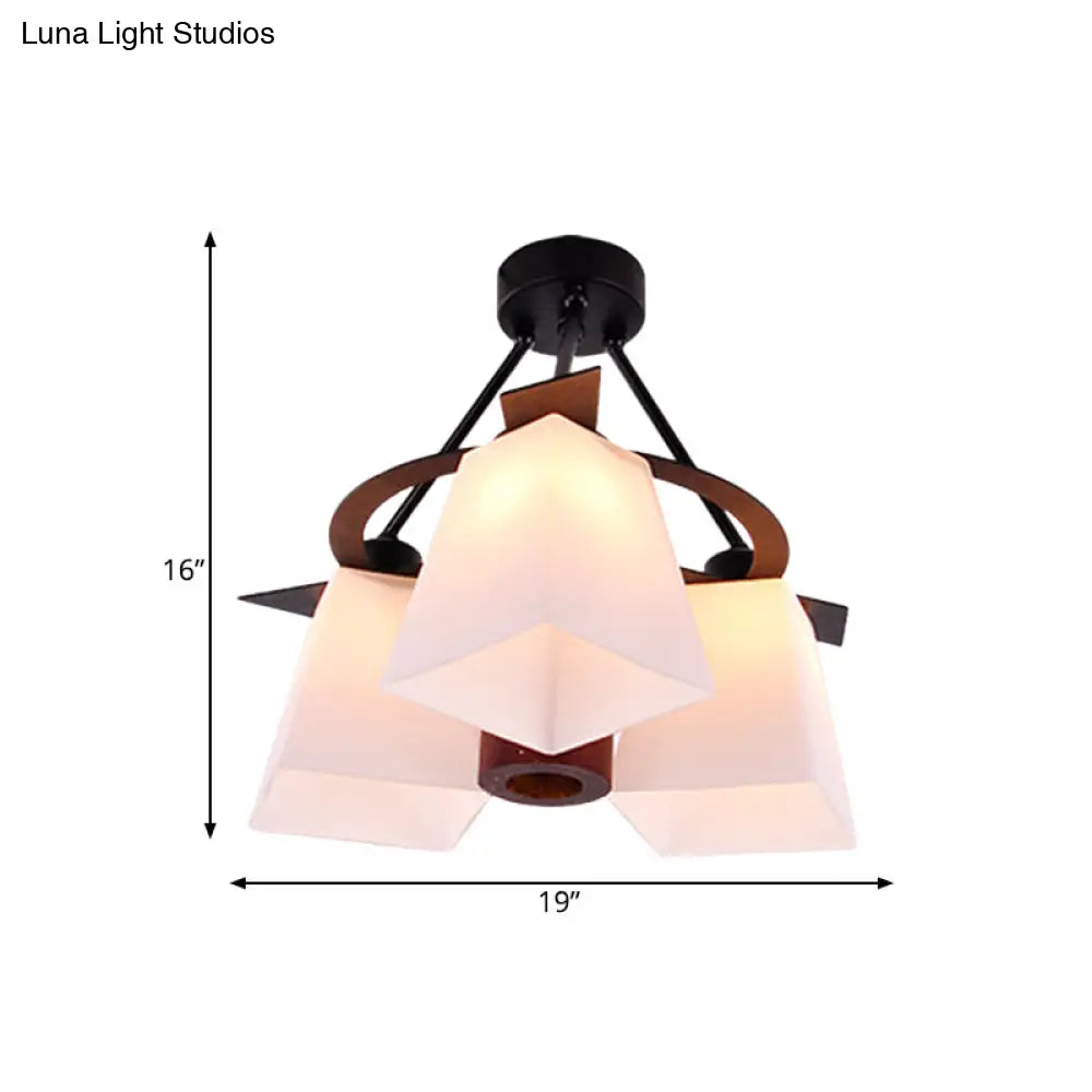 Trapezoid Semi Flush Ceiling Lamp with White Glass and Wood Cylinder Shade - 3/5 Lights