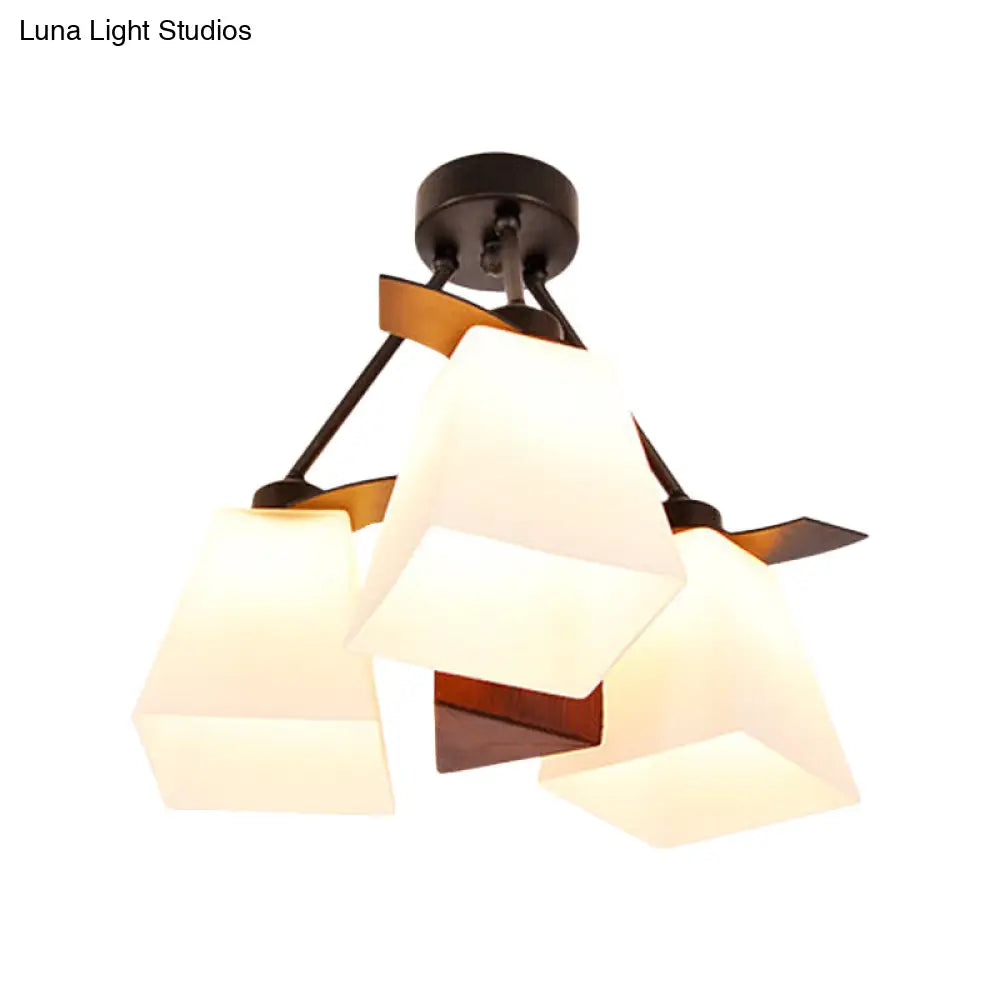 Trapezoid Semi Flush Ceiling Lamp with White Glass and Wood Cylinder Shade - 3/5 Lights