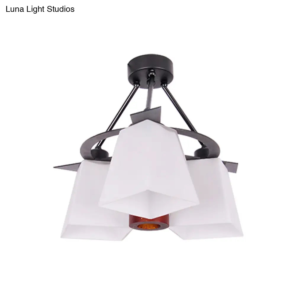 Trapezoid Semi Flush Ceiling Lamp with White Glass and Wood Cylinder Shade - 3/5 Lights