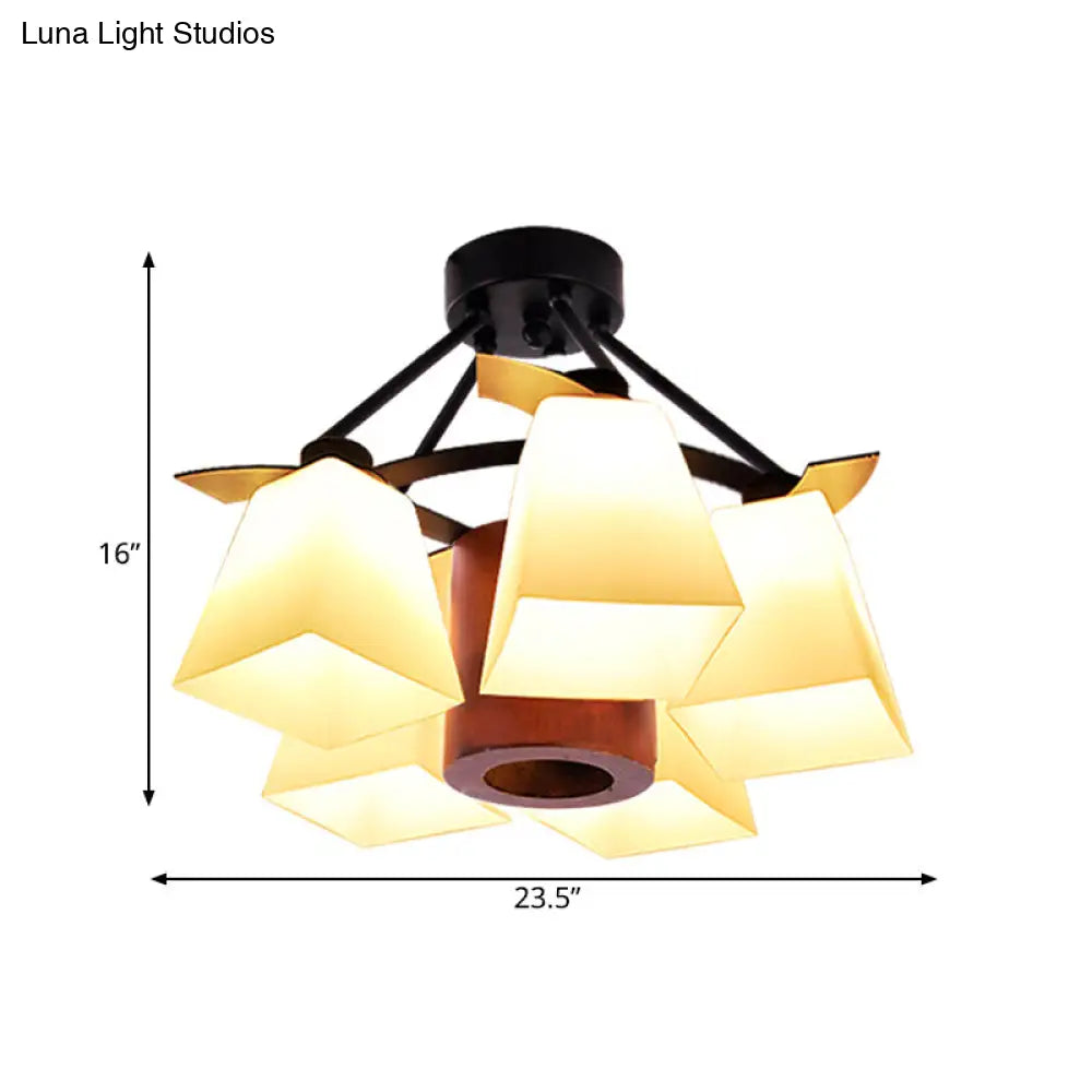 Trapezoid Semi Flush Ceiling Lamp with White Glass and Wood Cylinder Shade - 3/5 Lights