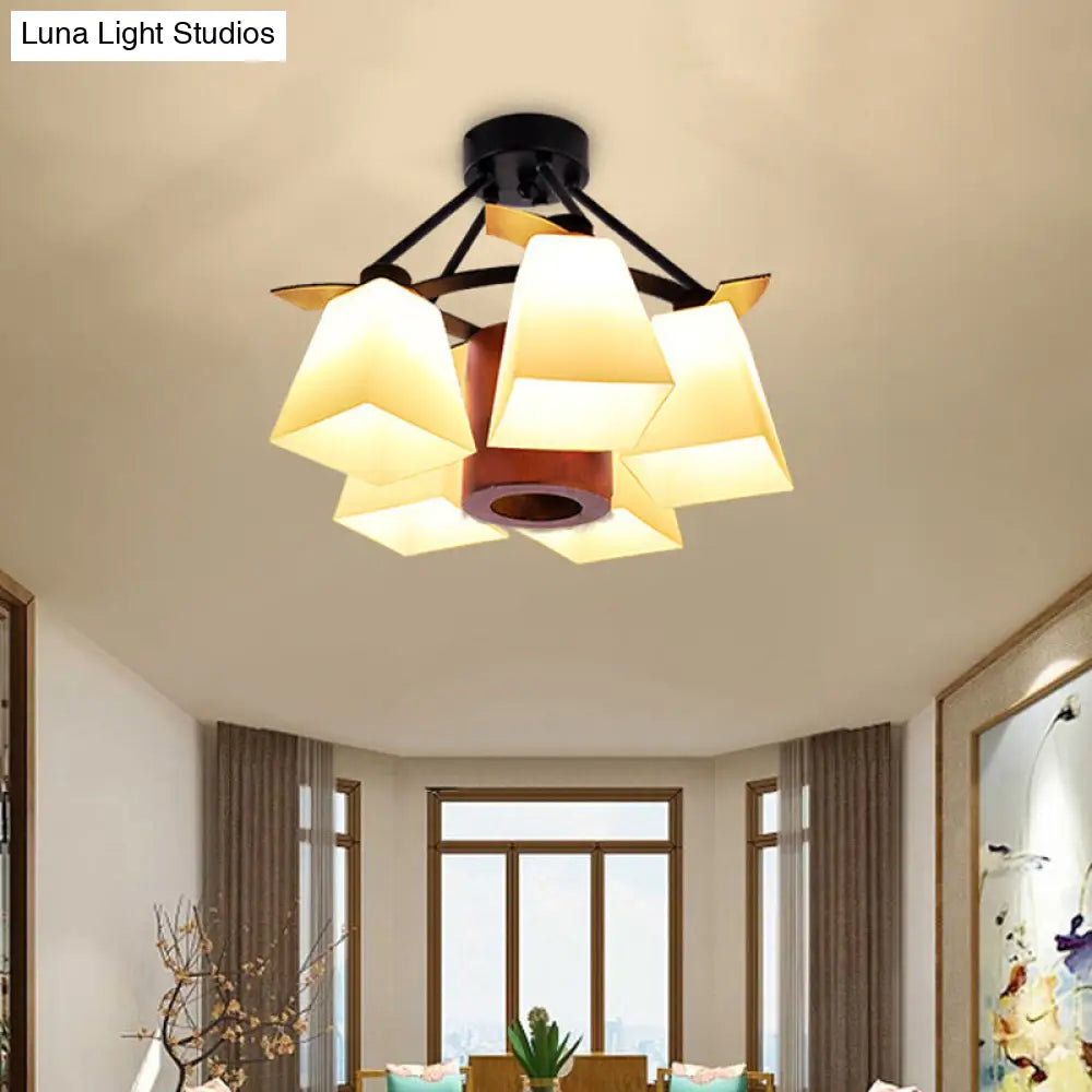 Trapezoid Semi Flush Ceiling Lamp with White Glass and Wood Cylinder Shade - 3/5 Lights