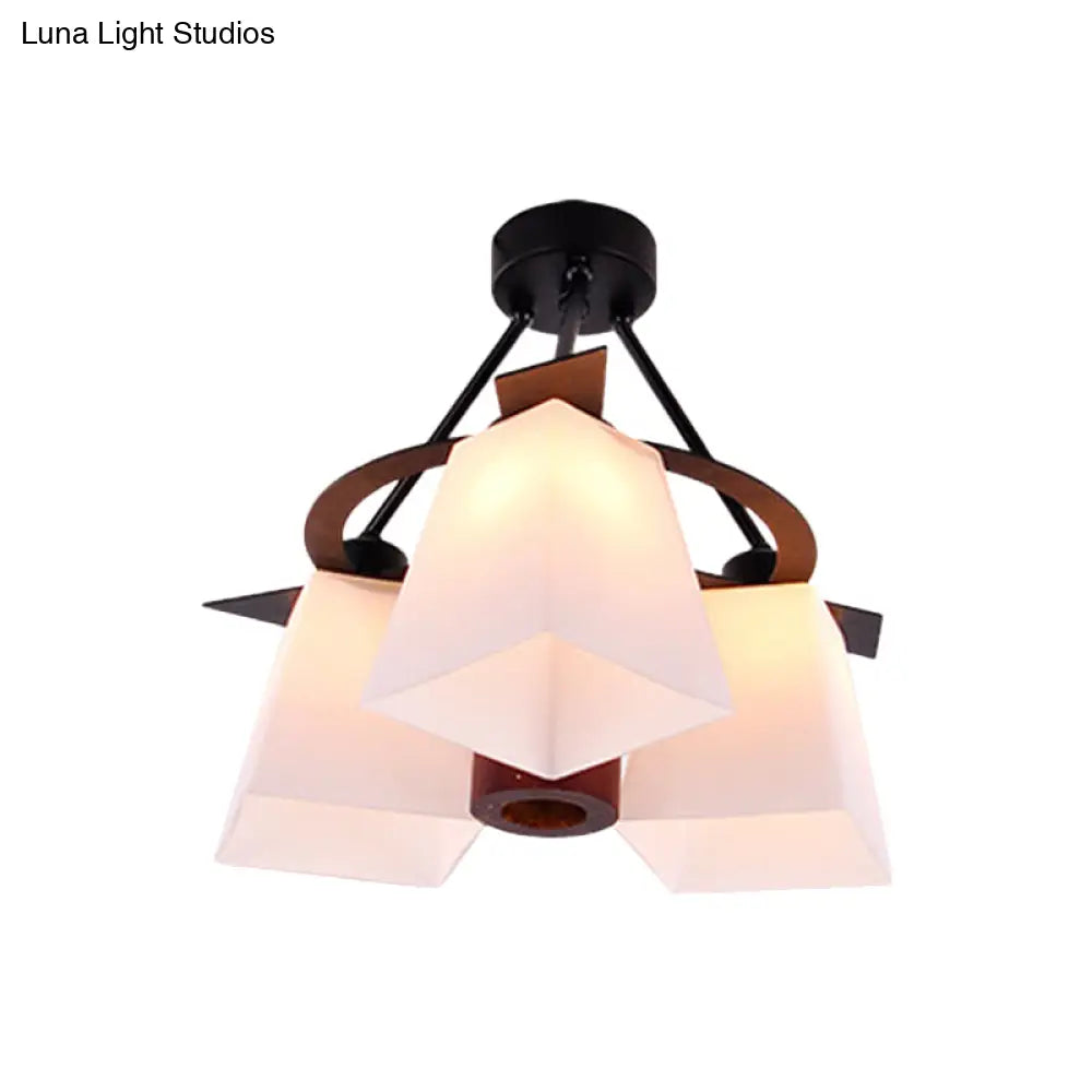 Trapezoid Semi Flush Ceiling Lamp with White Glass and Wood Cylinder Shade - 3/5 Lights