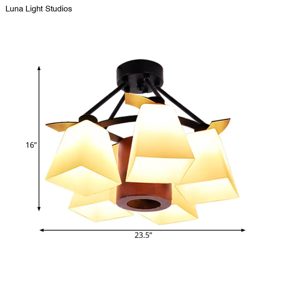 Trapezoid Semi Flush Ceiling Lamp with White Glass and Wood Cylinder Shade - 3/5 Lights