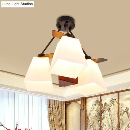 DecorBites™ DecorBites™ Trapezoid Semi Flush Ceiling Lamp with White Glass and Wood Cylinder Shade - 3/5 Lights