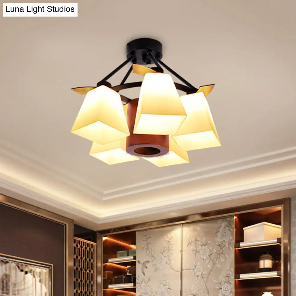 Trapezoid Semi Flush Ceiling Lamp with White Glass and Wood Cylinder Shade - 3/5 Lights