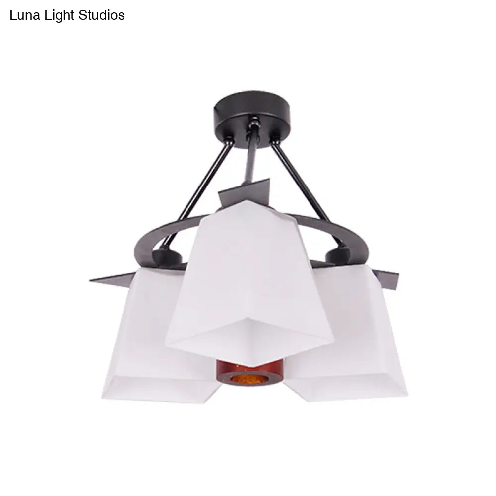 Trapezoid Semi Flush Ceiling Lamp with White Glass and Wood Cylinder Shade - 3/5 Lights