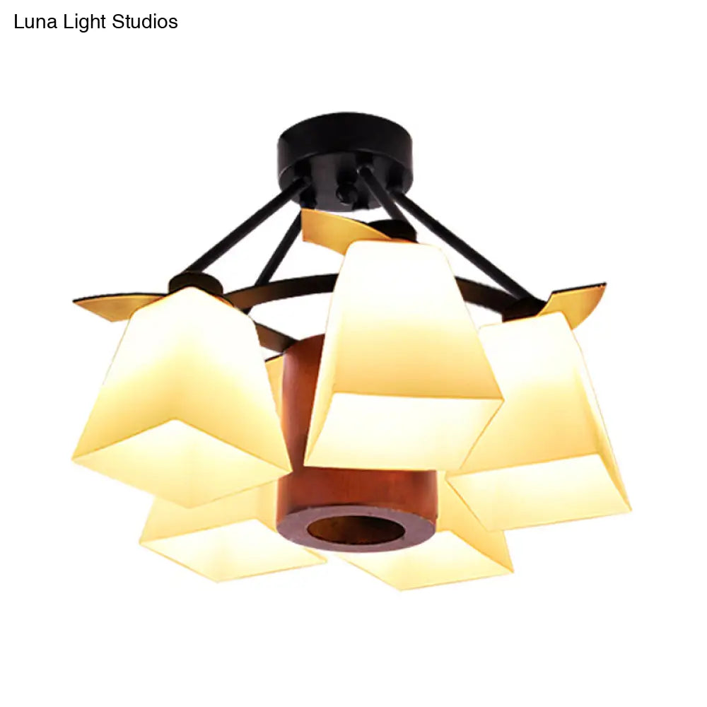 Trapezoid Semi Flush Ceiling Lamp with White Glass and Wood Cylinder Shade - 3/5 Lights