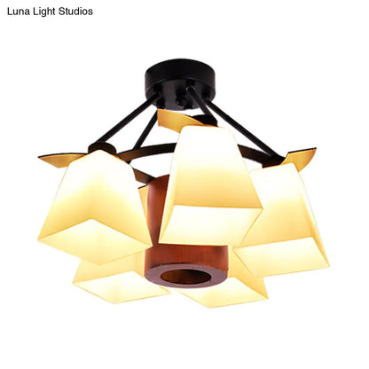 DecorBites™ DecorBites™ Trapezoid Semi Flush Ceiling Lamp with White Glass and Wood Cylinder Shade - 3/5 Lights
