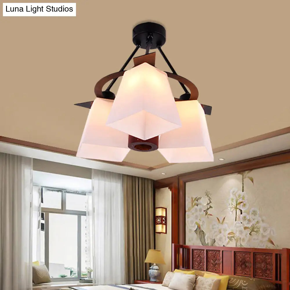 Trapezoid Semi Flush Ceiling Lamp with White Glass and Wood Cylinder Shade - 3/5 Lights