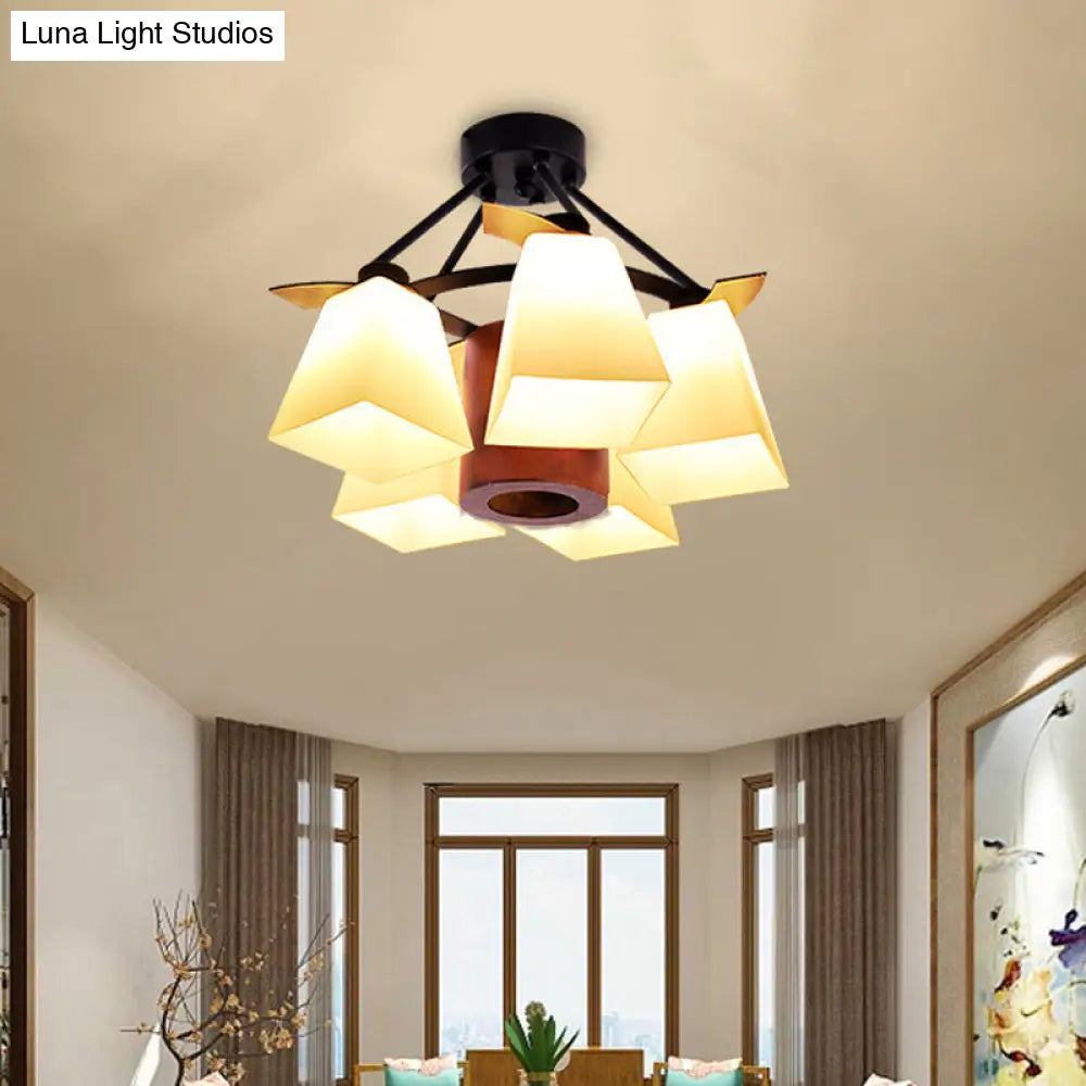 Trapezoid Semi Flush Ceiling Lamp with White Glass and Wood Cylinder Shade - 3/5 Lights