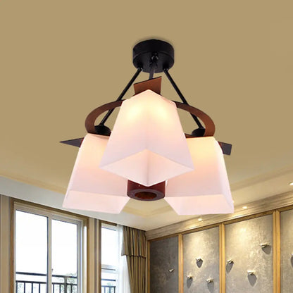 DecorBites™ DecorBites™ Trapezoid Semi Flush Ceiling Lamp with White Glass and Wood Cylinder Shade - 3/5 Lights
