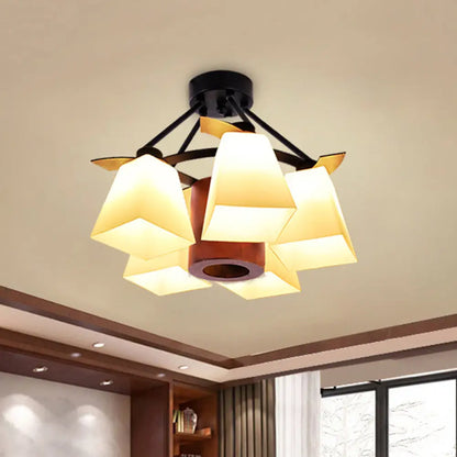 DecorBites™ DecorBites™ Trapezoid Semi Flush Ceiling Lamp with White Glass and Wood Cylinder Shade - 3/5 Lights