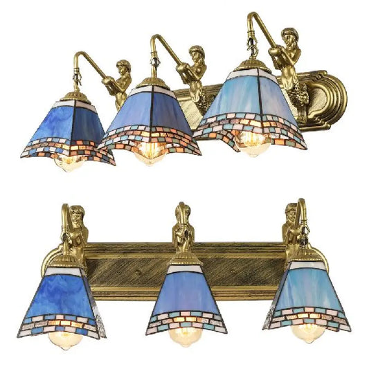 Trapezoid Stained Glass Wall Light with 3 Heads for Mediterranean Living Room
