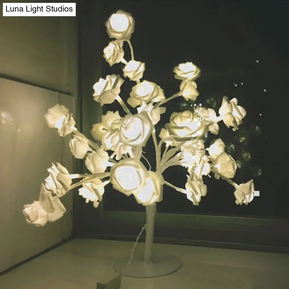 Tree Branch USB Table Lamp with LED Nightstand Light and Decorative Rose for Bedroom Decor