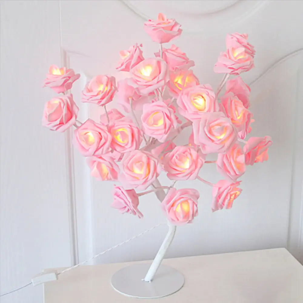 Tree Branch USB Table Lamp with LED Nightstand Light and Decorative Rose for Bedroom Decor