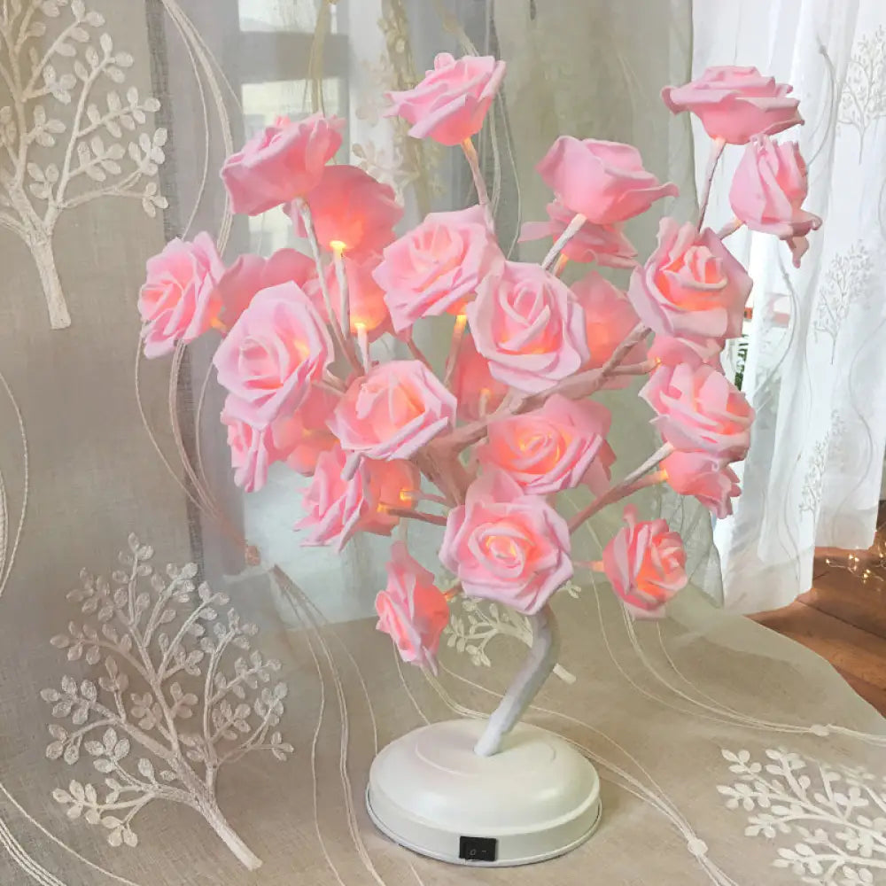 Tree Branch USB Table Lamp with LED Nightstand Light and Decorative Rose for Bedroom Decor