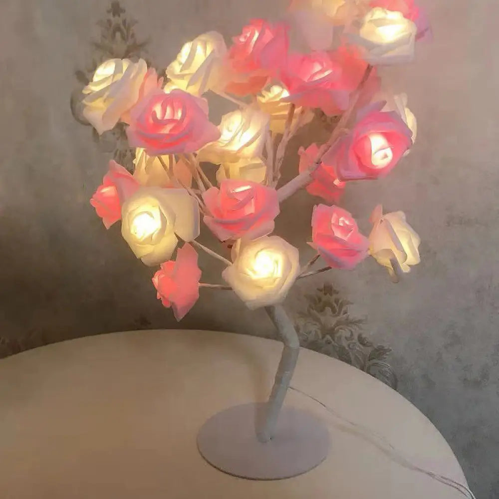 Tree Branch USB Table Lamp with LED Nightstand Light and Decorative Rose for Bedroom Decor