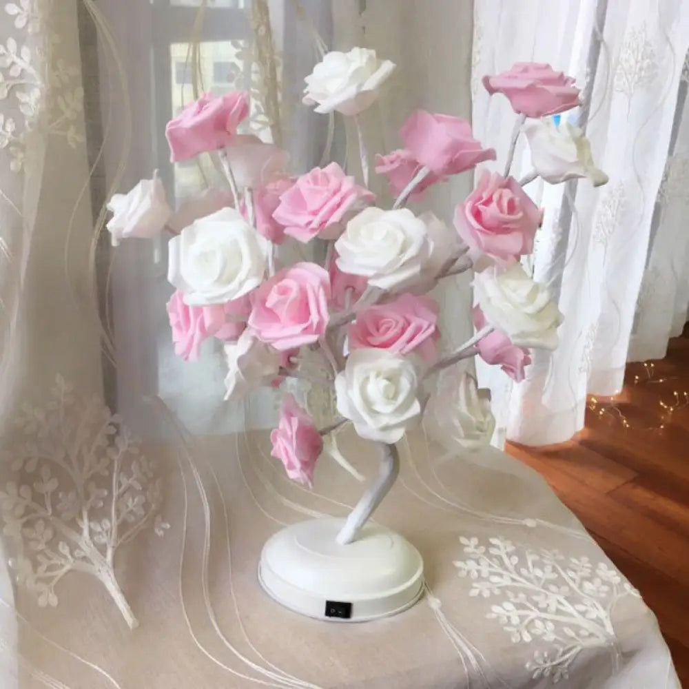 Tree Branch USB Table Lamp with LED Nightstand Light and Decorative Rose for Bedroom Decor