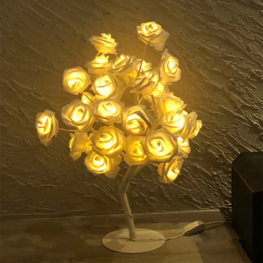 Tree Branch USB Table Lamp with LED Nightstand Light and Decorative Rose for Bedroom Decor