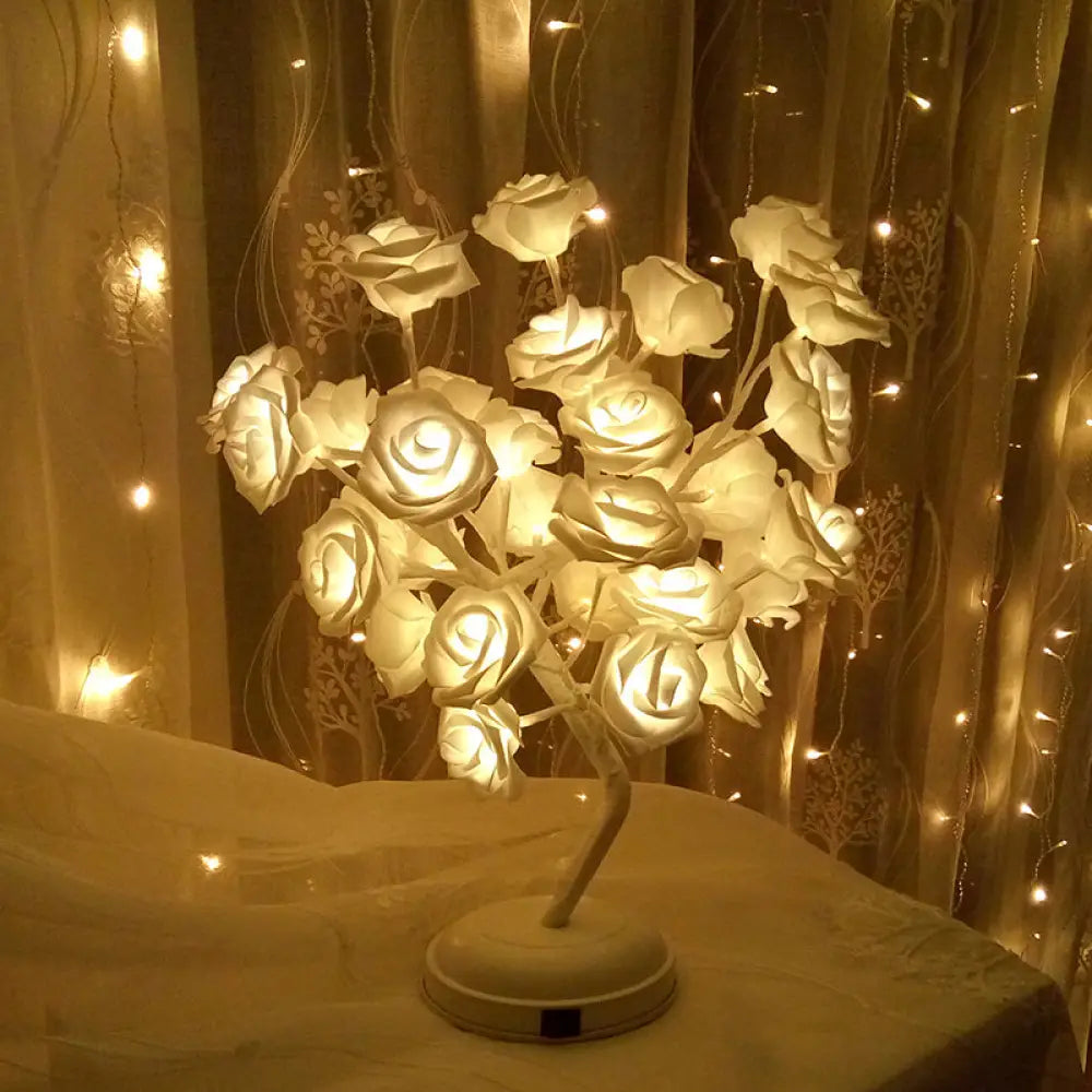 Tree Branch USB Table Lamp with LED Nightstand Light and Decorative Rose for Bedroom Decor