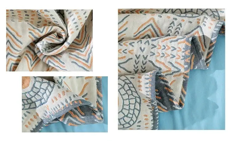 Tribal beige quilted cotton sofa throw blanket with a soft off-white geometric pattern in muted orange and gray tones