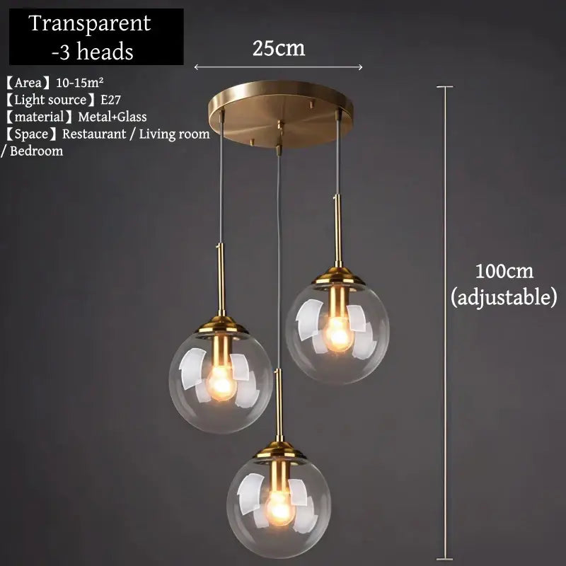 Brass-finished three-head glass pendant light with adjustable height and polished steel details for dining room use