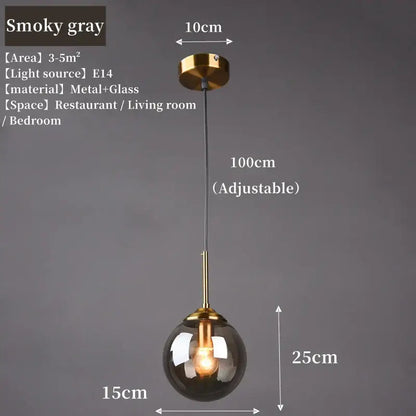 A sleek smoky gray glass pendant light with polished steel brass fixture and adjustable chain for dining room lighting