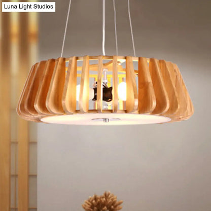Triple Light Wooden Drum Chandelier for Modern Restaurant Decor