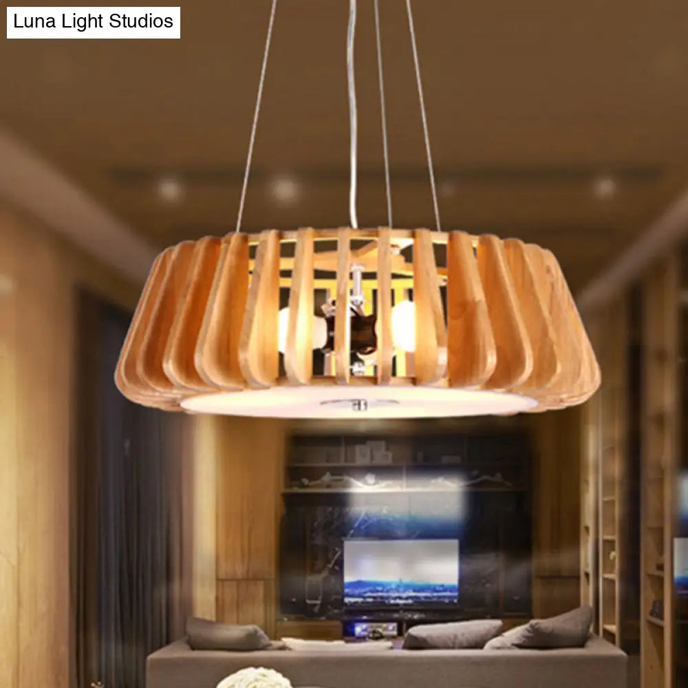 Triple Light Wooden Drum Chandelier for Modern Restaurant Decor