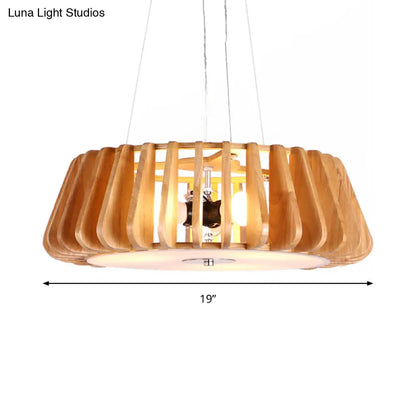 Triple Light Wooden Drum Chandelier for Modern Restaurant Decor