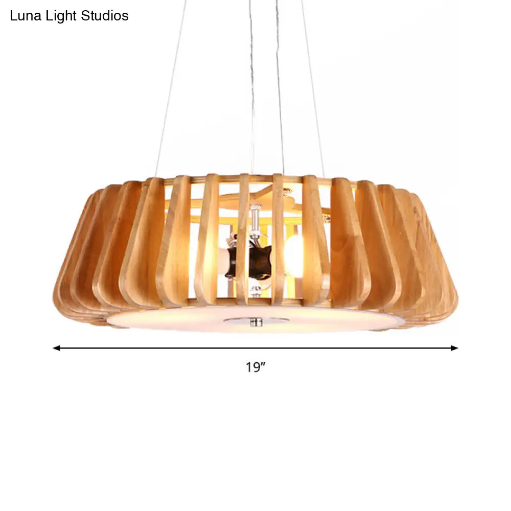 Triple Light Wooden Drum Chandelier for Modern Restaurant Decor