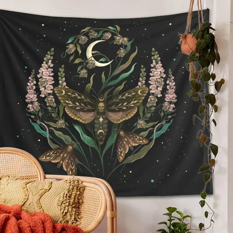 Black death’s head tapestry with central moth skull design surrounded by pink flowers for bedroom decorbites decor