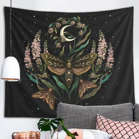 Black death’s head tapestry featuring intricate moth skull and flower design on starry night sky for bedroom decorbites decor