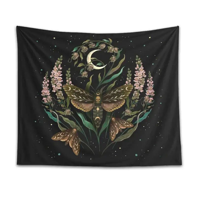 Black death’s head tapestry moth and moon flower decor featuring central skull moth and pink flowers on starry night sky background