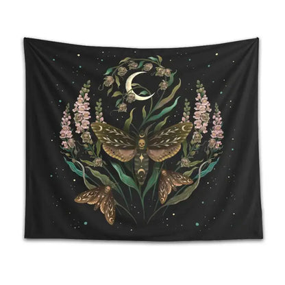Black death’s head tapestry moth and moon flower decor featuring central skull moth and pink flowers on starry night sky background