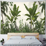 Tropical banana tree tapestry wall hanging featuring lush green banana and palm trees on a cream background for bedroom decor