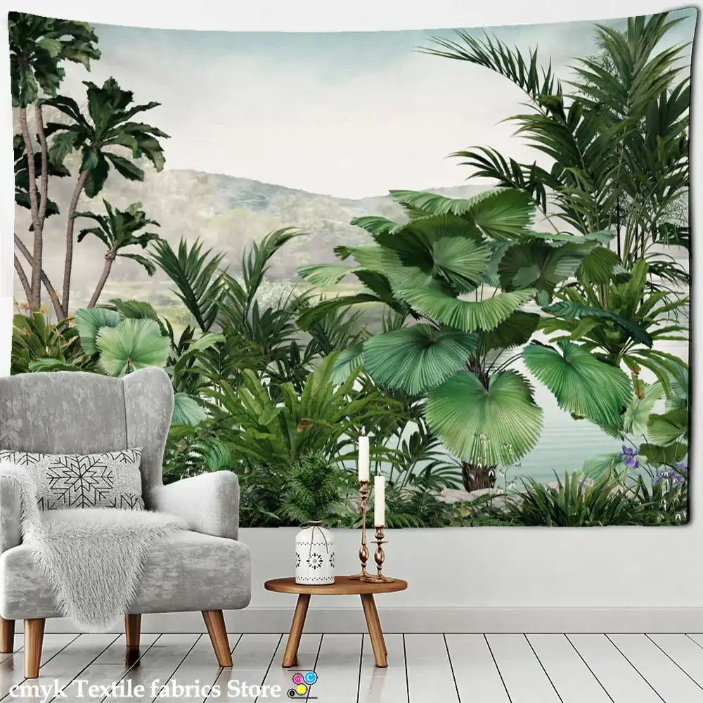Lush green banana tree tapestry wall hanging featuring tropical foliage for bedroom decor wall display