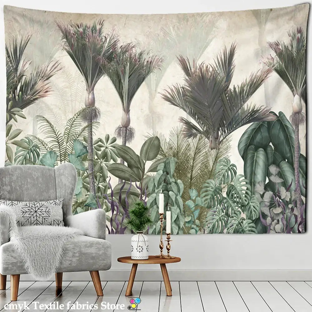 Tropical banana tree tapestry wall hanging with detailed palm trees and muted green purple beige foliage for bedroom decor