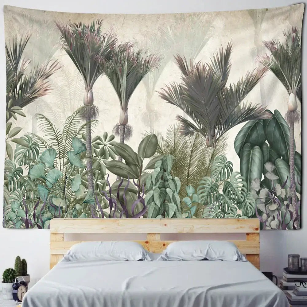 Tropical banana tree tapestry wall hanging with lush green palm trees and ferns in beige and muted purple for bedroom decor