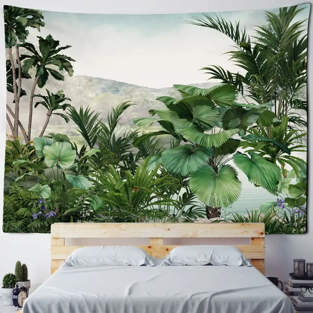 Tropical banana tree tapestry wall hanging featuring lush green foliage and palm trees on soft fabric for bedroom decor