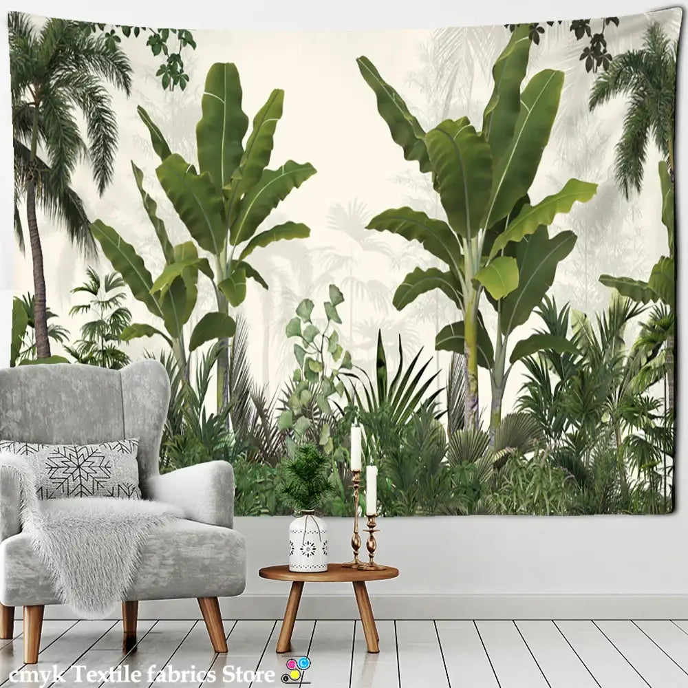 Tropical banana tree tapestry wall hanging with vibrant green banana and palm leaves on off-white background for decor