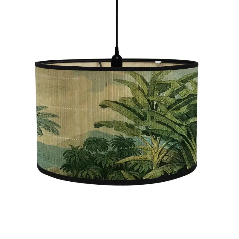 Tropical bird print bamboo pendant light featuring a cylindrical fabric shade with vintage botanical print and black trim