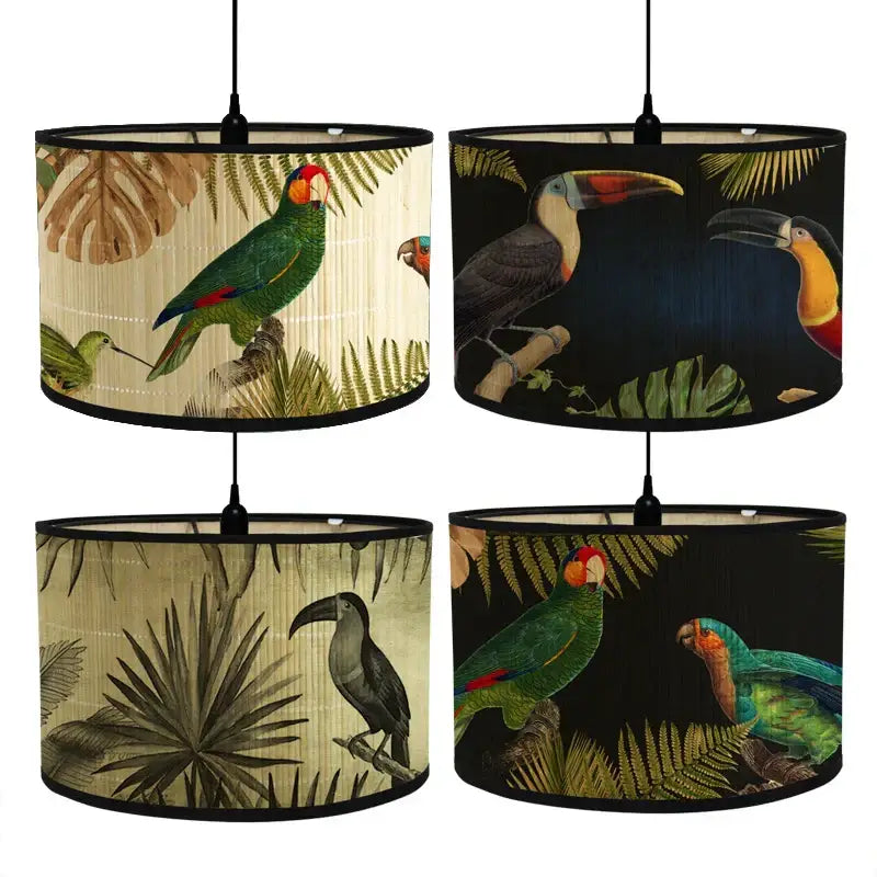 Tropical bird print decorbites bamboo pendant light with beige black and muted green fabric shade for dining room decor
