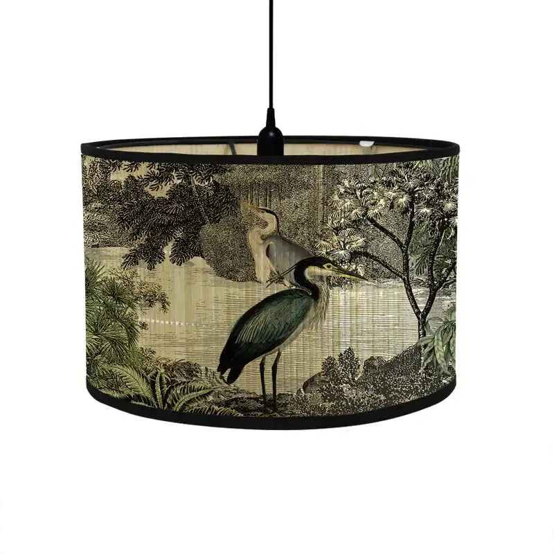Cylindrical decorbites bamboo pendant light with vintage heron print fabric shade in sepia tones for dining room decor