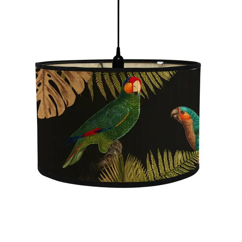 Black cylindrical decorbites bamboo pendant light with vibrant green parrots and golden foliage fabric shade for dining room